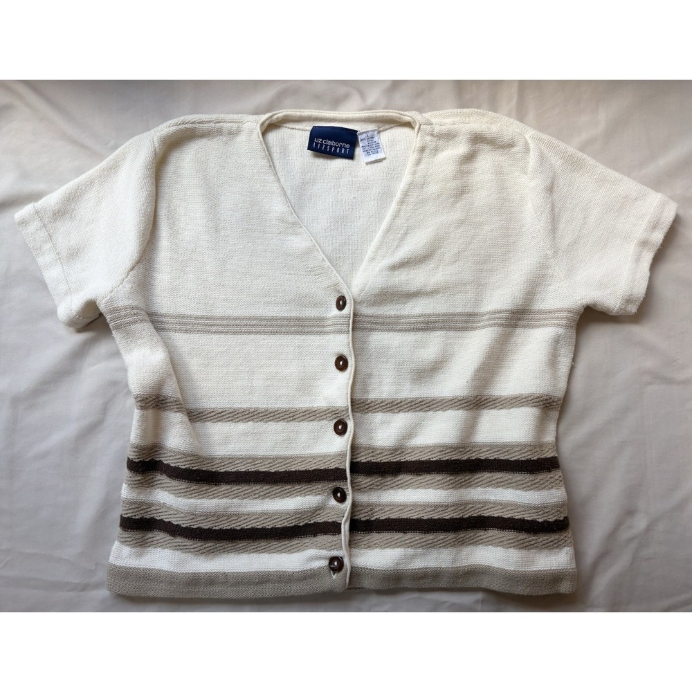 Liz Claiborne Lizsport Vintage Large Cream Striped Short Sleeve Cotton Cardigan